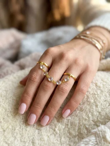 Copper Double Ring With Chain Connected Stone Style
